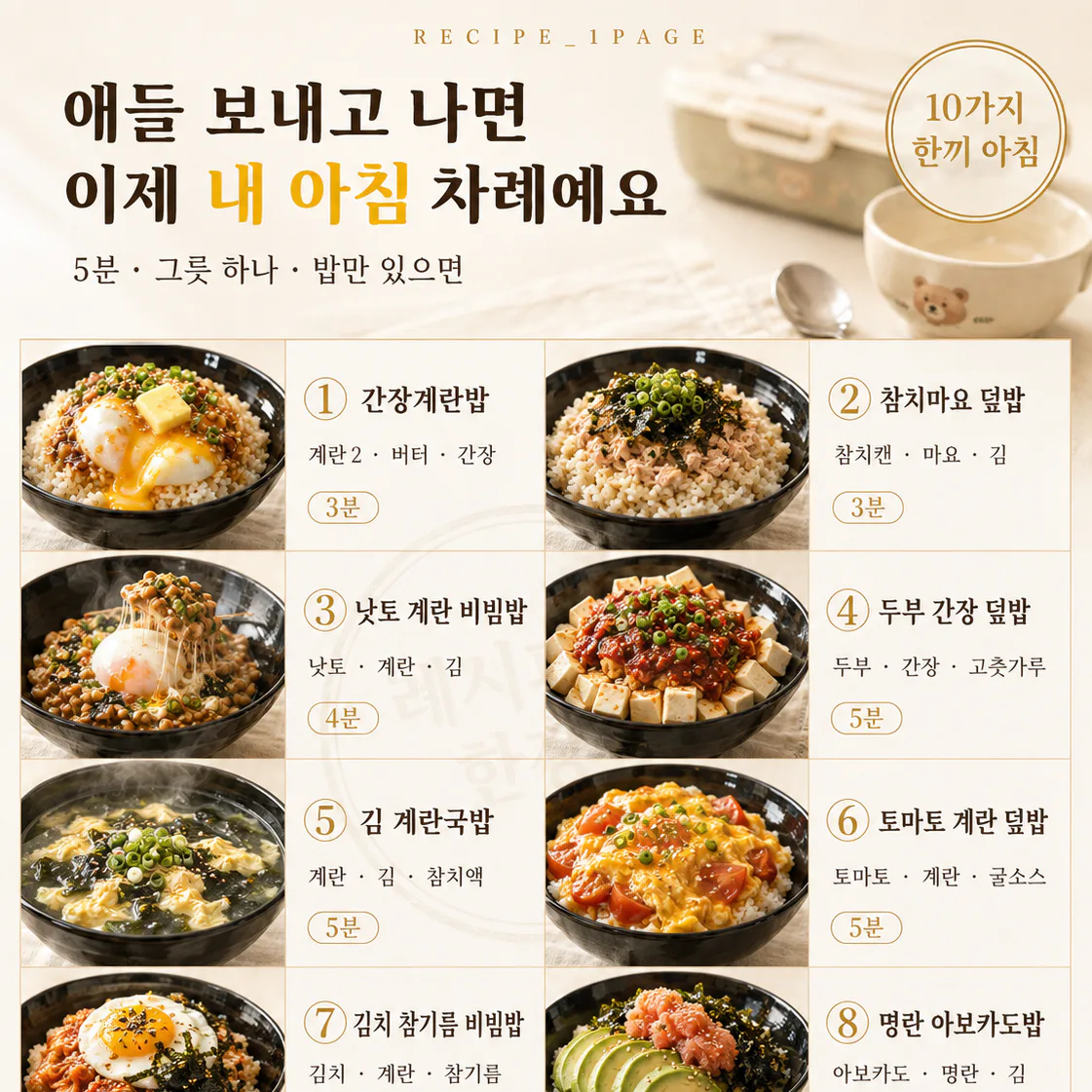 아이 학교 보내고 혼자 먹는 아침 — 5분이면 되는 한 그릇 10가지