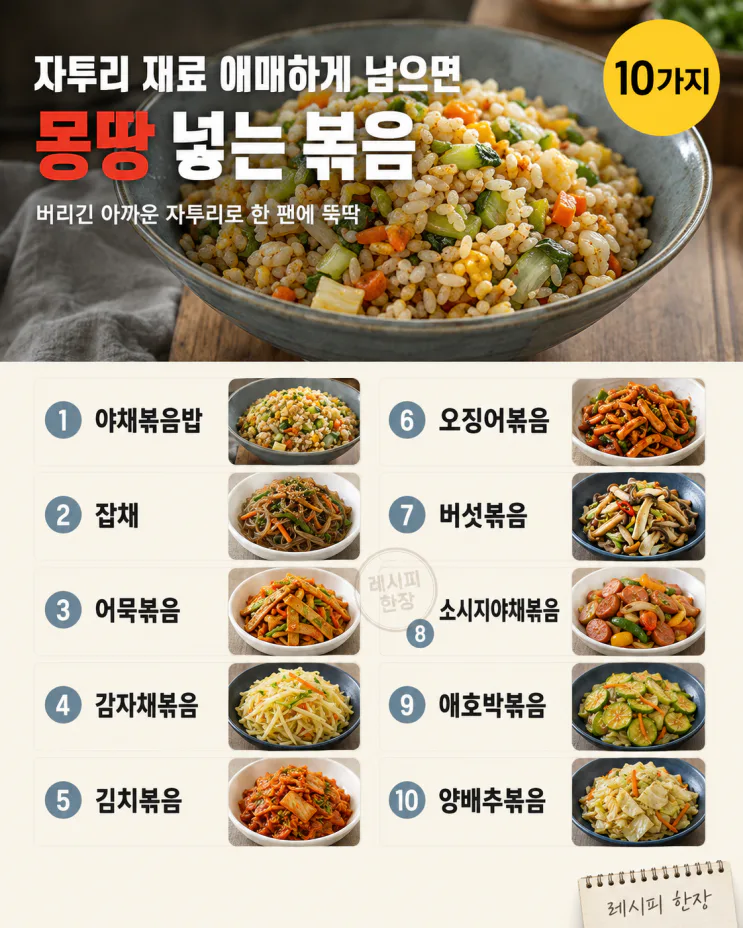 냉장고에 이것저것 조금씩 남았다면 — 몽땅 넣는 볶음 10가지