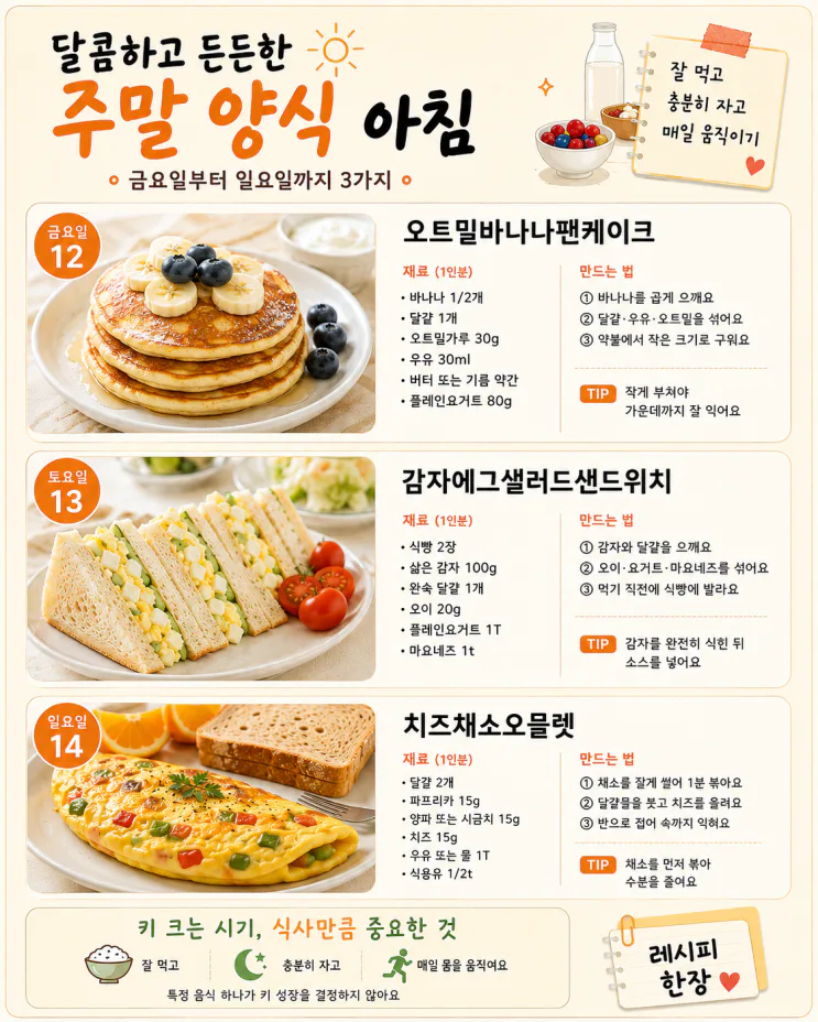 키 크는 시기 아침식단 14가지 — 방학 10분 한식·양식
