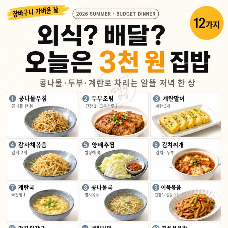 "외식할까 배달할까" 고민되는 저녁 — 3천 원으로 차리는 집밥 12가지