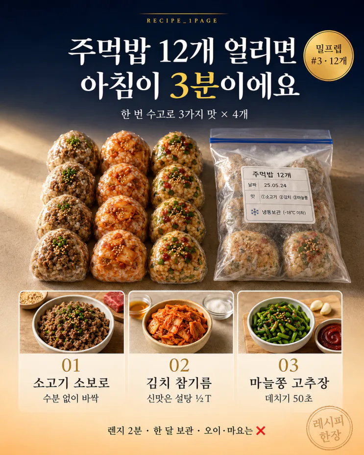주먹밥 12개를 한 번에 얼립니다 — 아침이 3분으로 줄어요