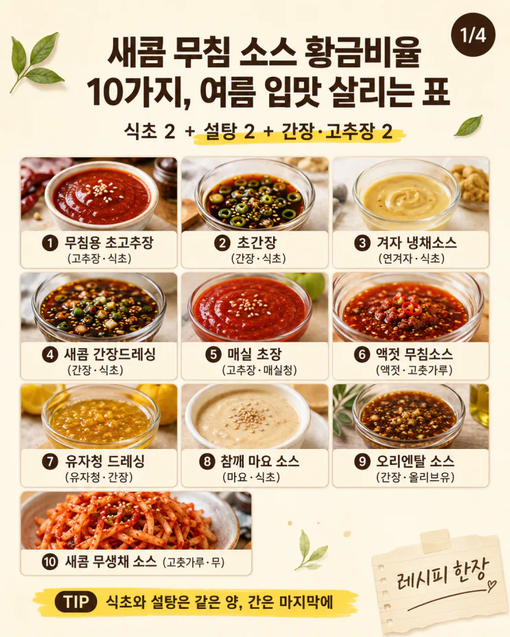 새콤 무침 소스 황금비율 10가지, 여름 입맛 살리는 표