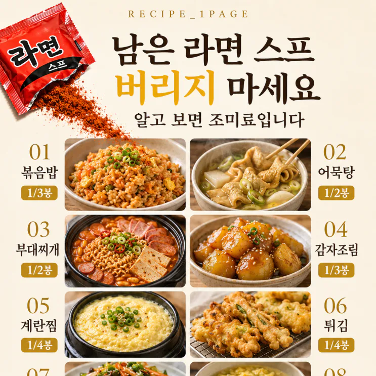 라면 스프 한 봉지, 버리기 아까웠다면 — 국·볶음·양념 8가지