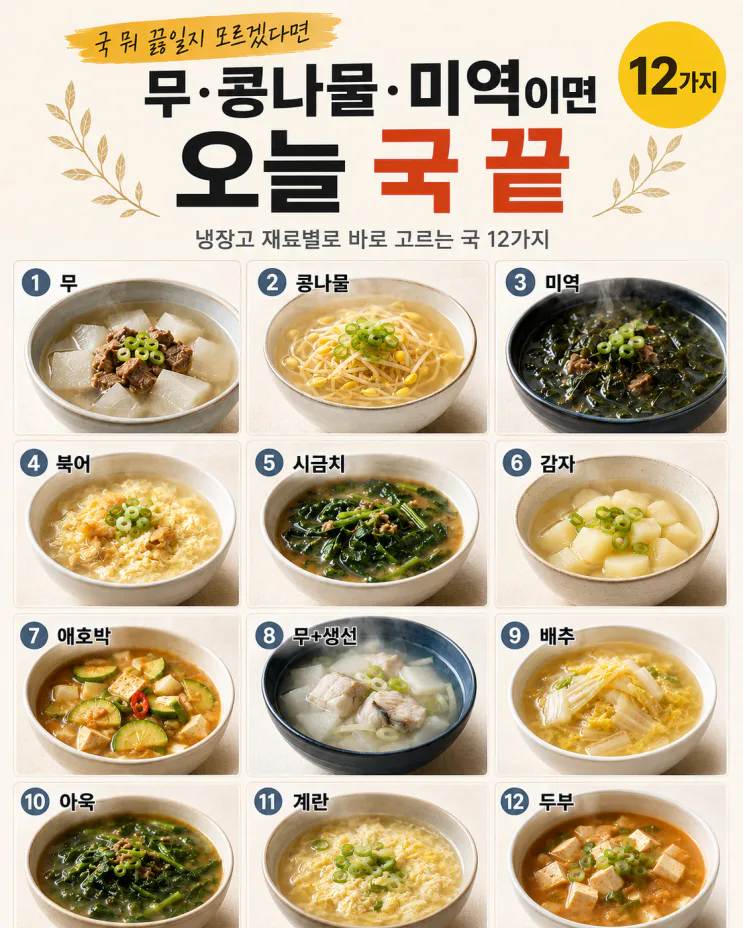 저녁마다 국 뭐 끓이지 고민된다면 — 재료별 국 공식 12가지