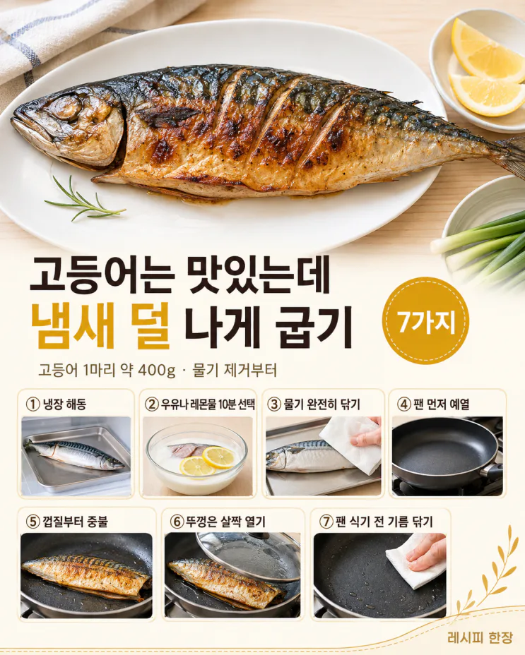 고등어 한 번 구우면 집 냄새가 하루 간다면 — 덜 남게 굽는 7가지