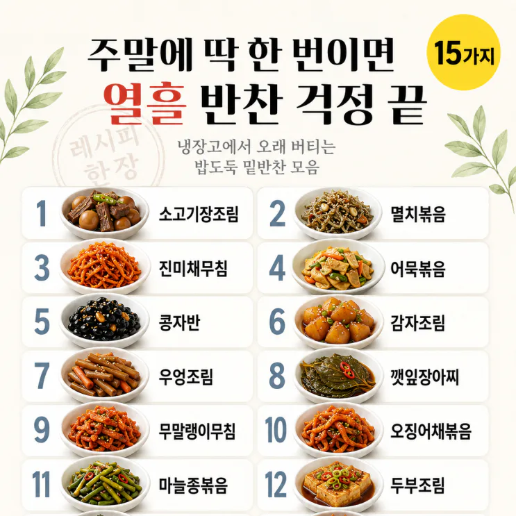 밥도둑 밑반찬 15가지, 한 번에 열흘 치 (저장용)