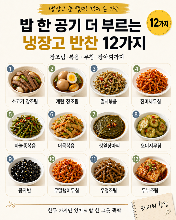 냉장고 문 열자마자 손 가는 — 밥도둑 반찬 12가지