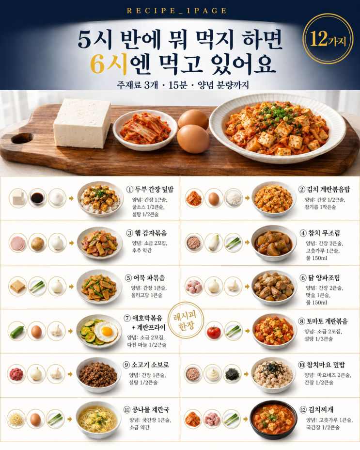 매일 저녁 뭐 먹지 고민이라면 — 재료 3개로 끝나는 15분 저녁 12가지