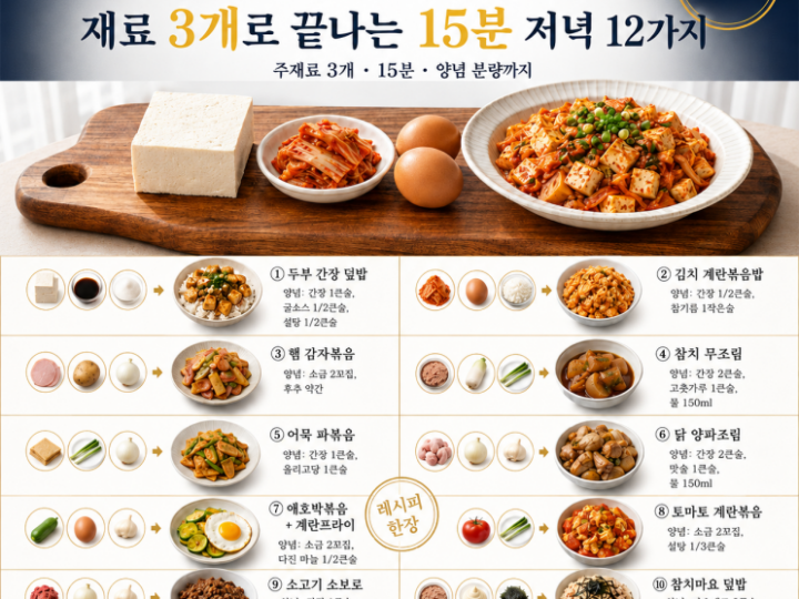 매일 저녁 뭐 먹지 고민이라면 — 재료 3개로 끝나는 15분 저녁 12가지