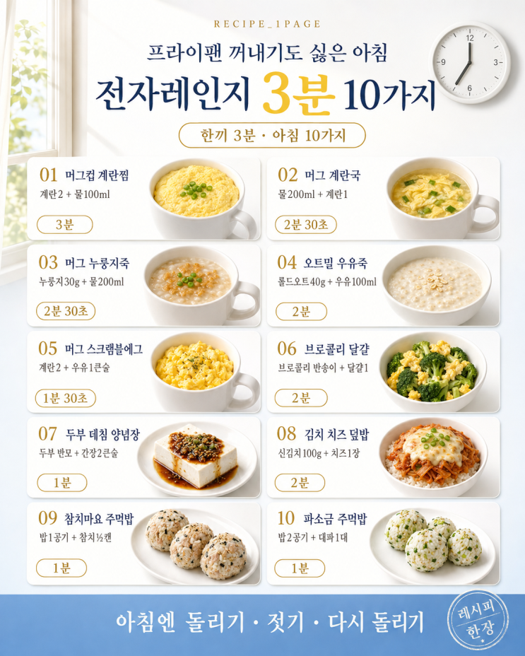 프라이팬 꺼내기도 싫은 아침 — 전자레인지 3분 10가지