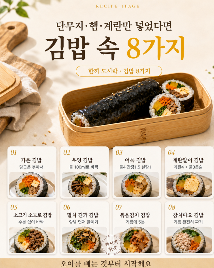 김밥 속 여덟 가지 — 안 상하고 안 무르는 조합