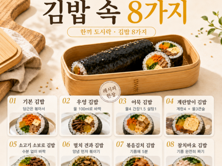 김밥 속 여덟 가지 — 안 상하고 안 무르는 조합