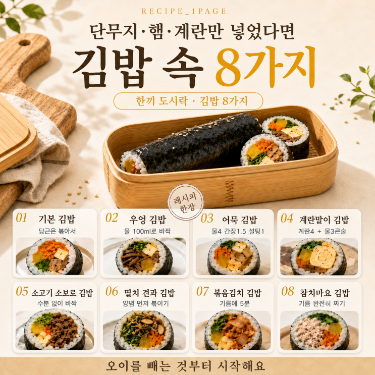 김밥 속 여덟 가지 — 안 상하고 안 무르는 조합