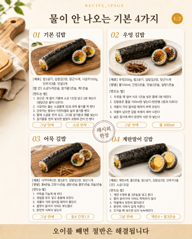 김밥 속 여덟 가지 — 안 상하고 안 무르는 조합