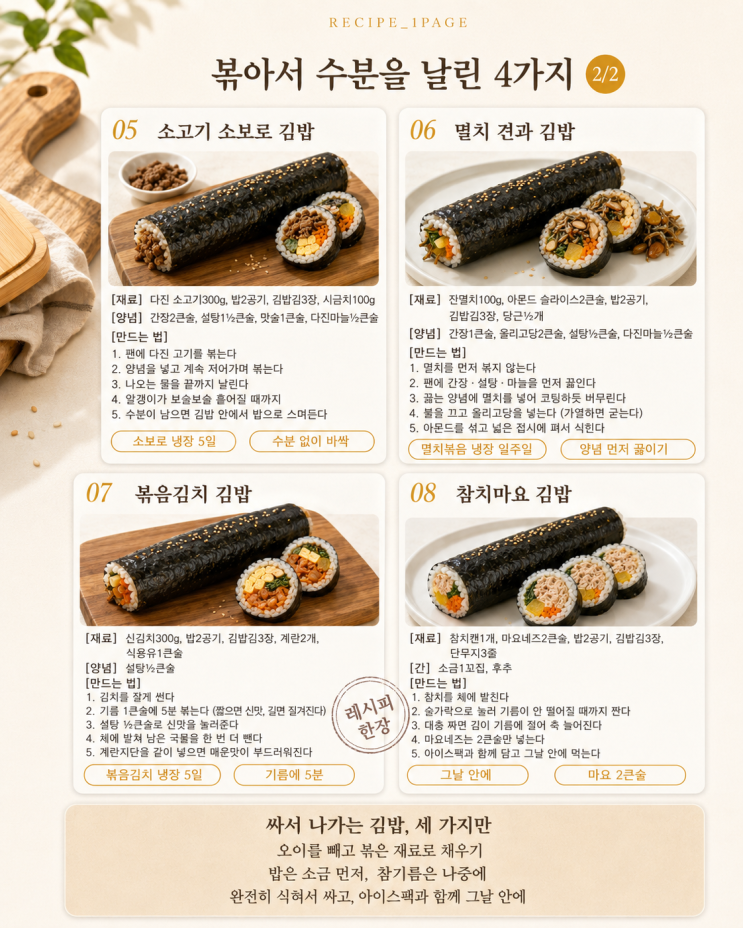 김밥 속 여덟 가지 — 안 상하고 안 무르는 조합