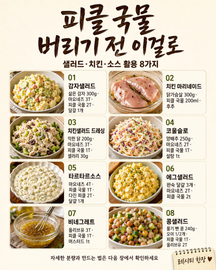 피클 국물 버리기 전에 잠깐 — 감자샐러드부터 치킨까지 8가지