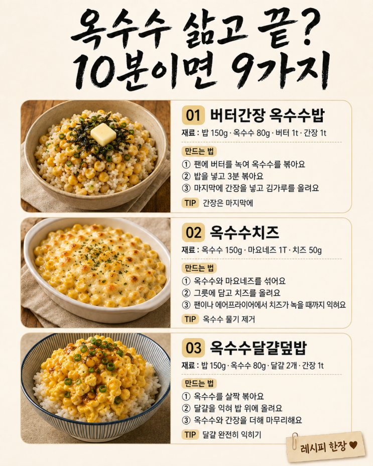 옥수수, 삶아만 먹기엔 아쉬워요 — 10분 한 끼·간식 9가지