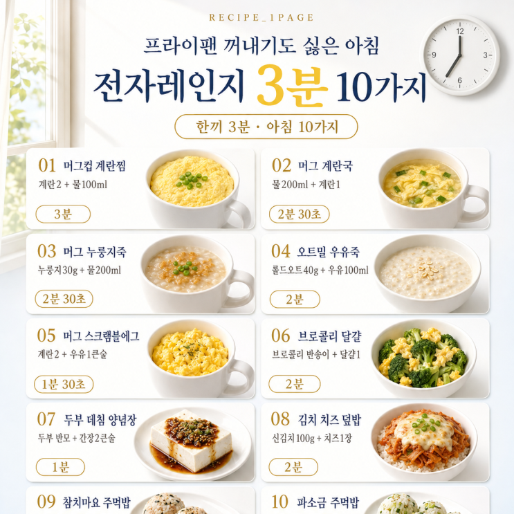 프라이팬 꺼내기도 싫은 아침 — 전자레인지 3분 10가지