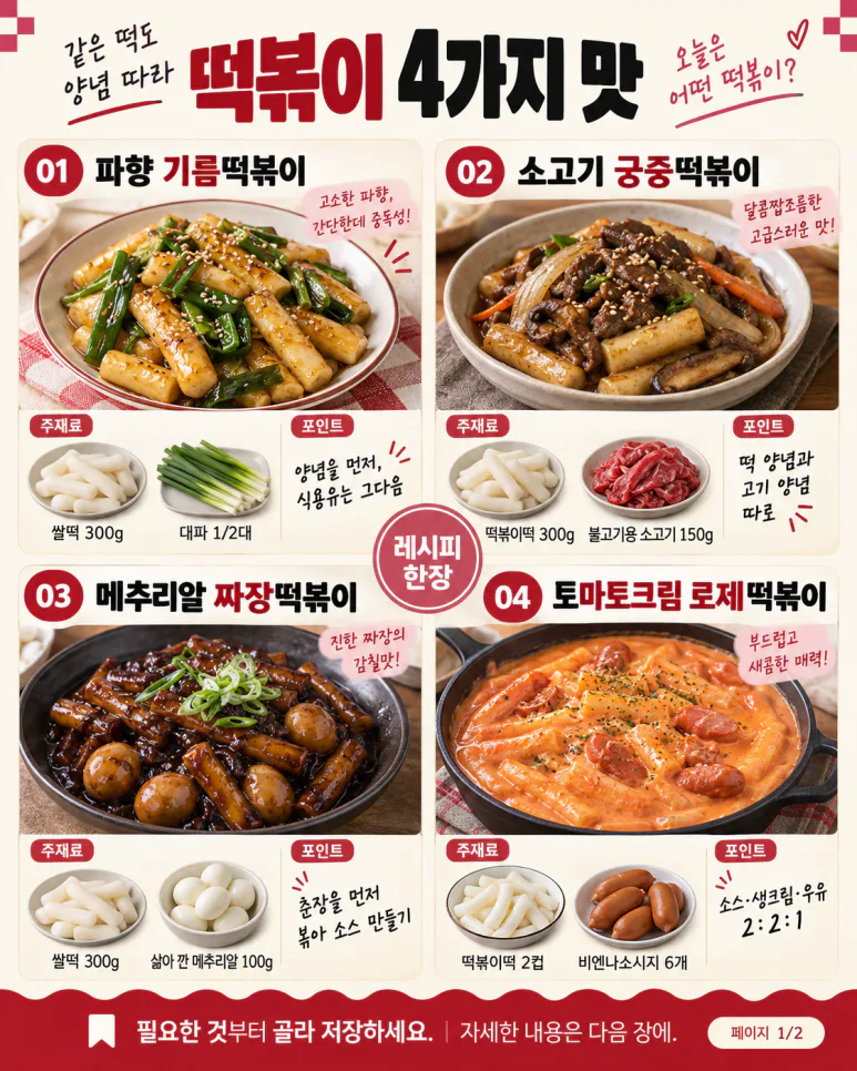Weekend tteokbokki, what flavor today? Oil, royal, jajang, rose 4 flavors