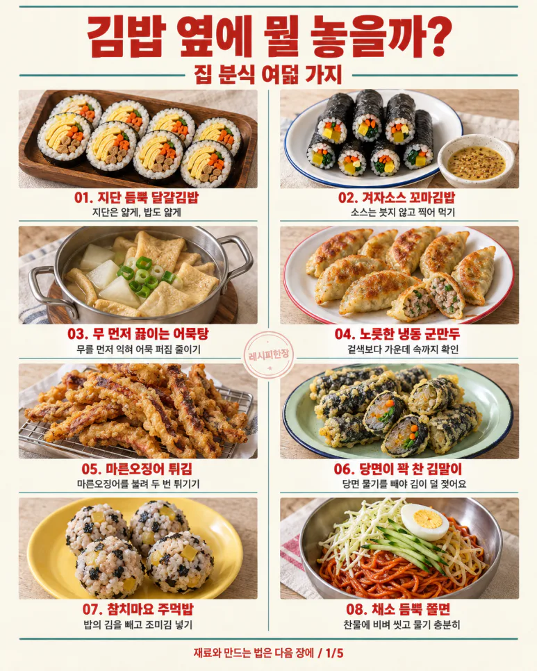 Saturday lunch is home snacks — 8 items to choose from, including kimbap, jjolmyeon, and fish cake soup.