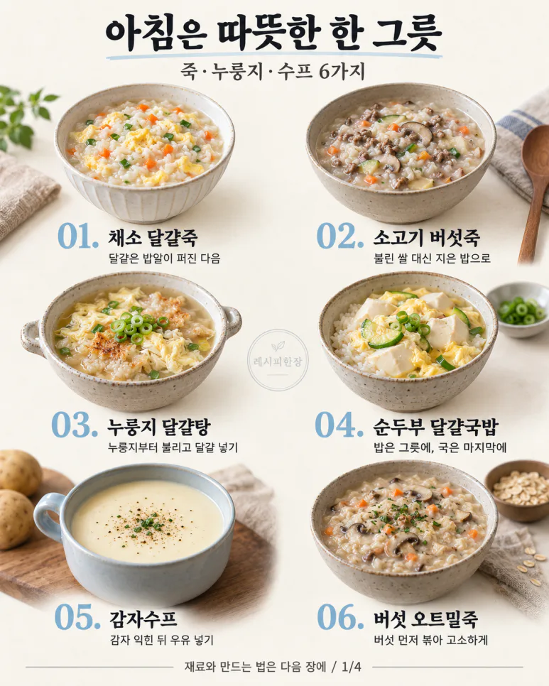 On Sunday morning, instead of a side dish container, one bowl — 6 types of rice porridge, soup, and rice soup.