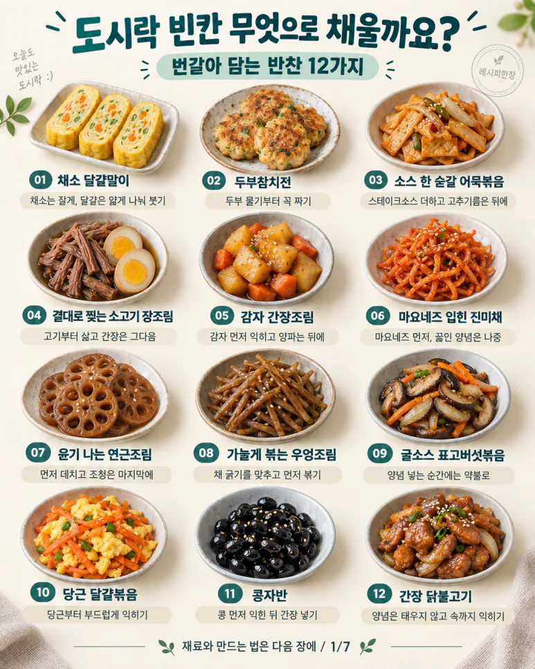 월요일 도시락 반찬, 오늘 골라두세요 — 달걀말이부터 닭불고기까지 12가지