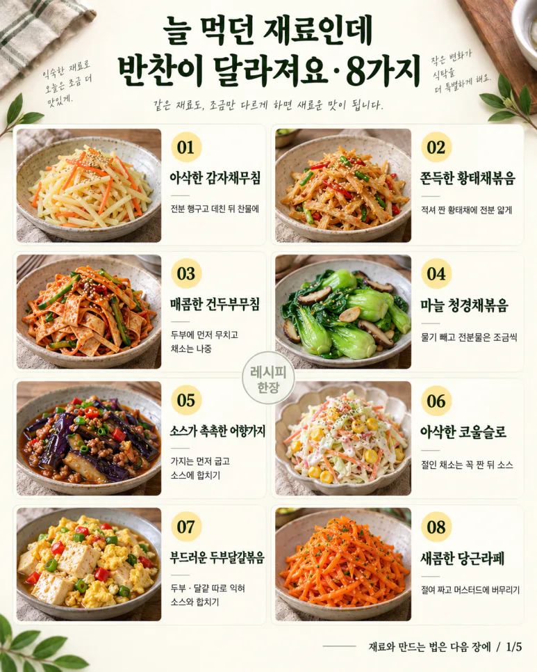반찬통이 또 비었다면 — 감자·두부·채소로 다르게 만드는 반찬 8가지