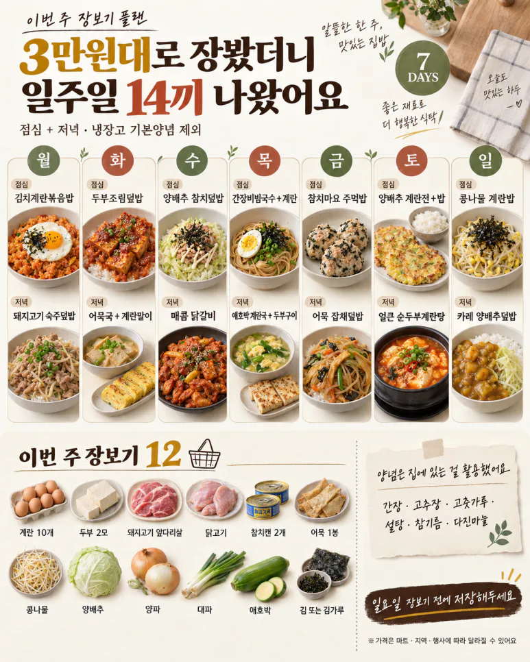 3만원대로 장봤더니 일주일 14끼 나왔어요, 점심·저녁 식단표