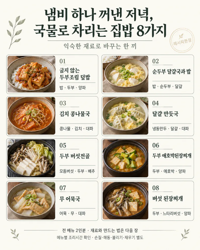 8 platos de comida casera servidos con caldo en una olla al salir la noche, cuando se saca una olla