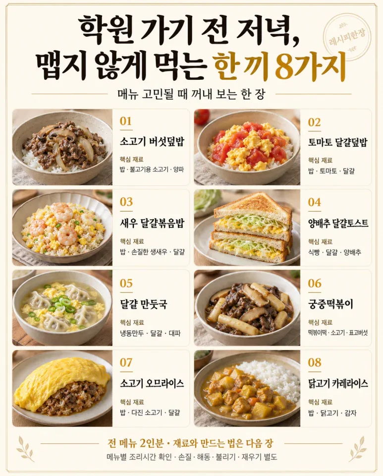 학원 가기 전 저녁, 맵지 않게 먹는 한 끼 8가지