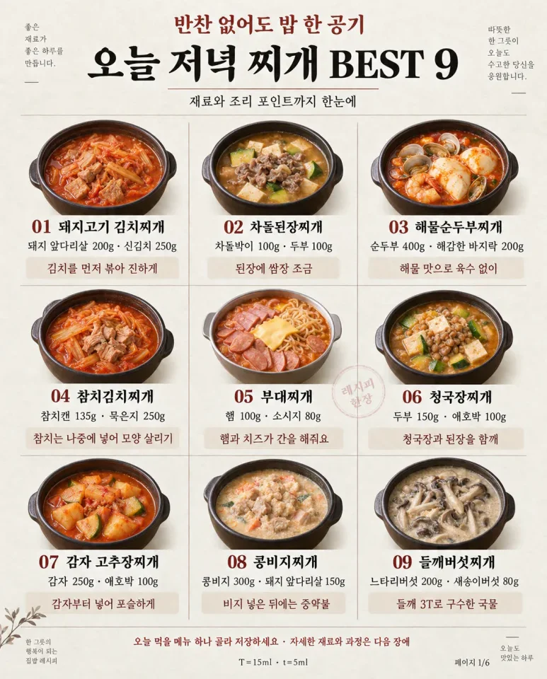 반찬 없어도 밥 한 공기 — 오늘 저녁 찌개 BEST 9