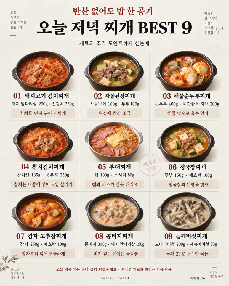 반찬 없어도 밥 한 공기 — 오늘 저녁 찌개 BEST 9