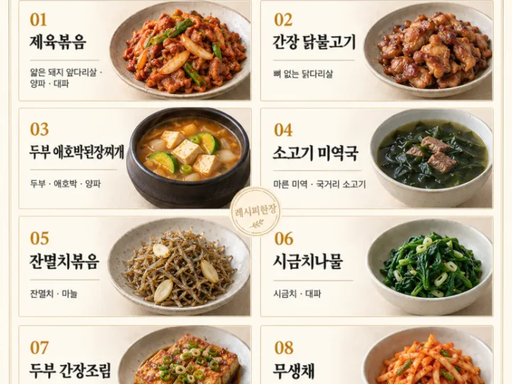 A set of traditional Korean white rice dishes made at home, 8 familiar menu items