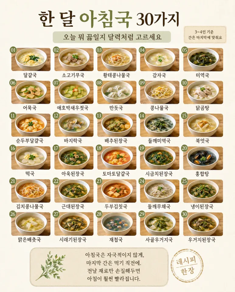 아침국 종류 30가지 — 매일 아침 국 고민, 한 달은 걱정 없어요