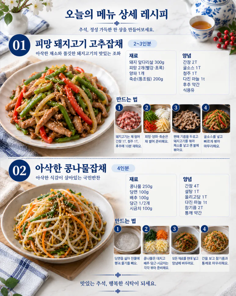 Choose from the main dishes for Chuseok guest prizes — 8 varieties including bossam, japchae, and cold salads.