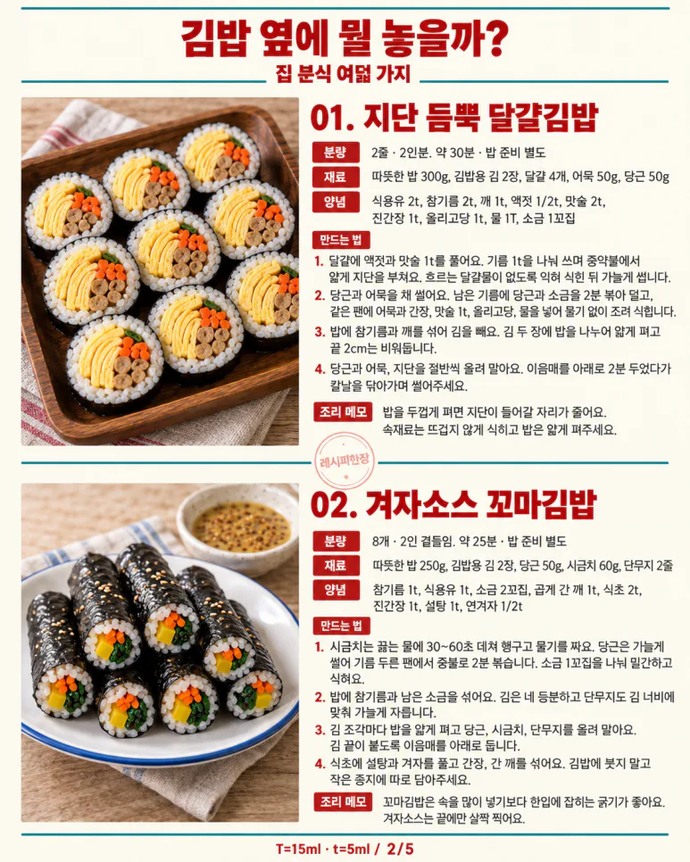 Saturday lunch is home snacks — 8 items to choose from, including kimbap, jjolmyeon, and fish cake soup.