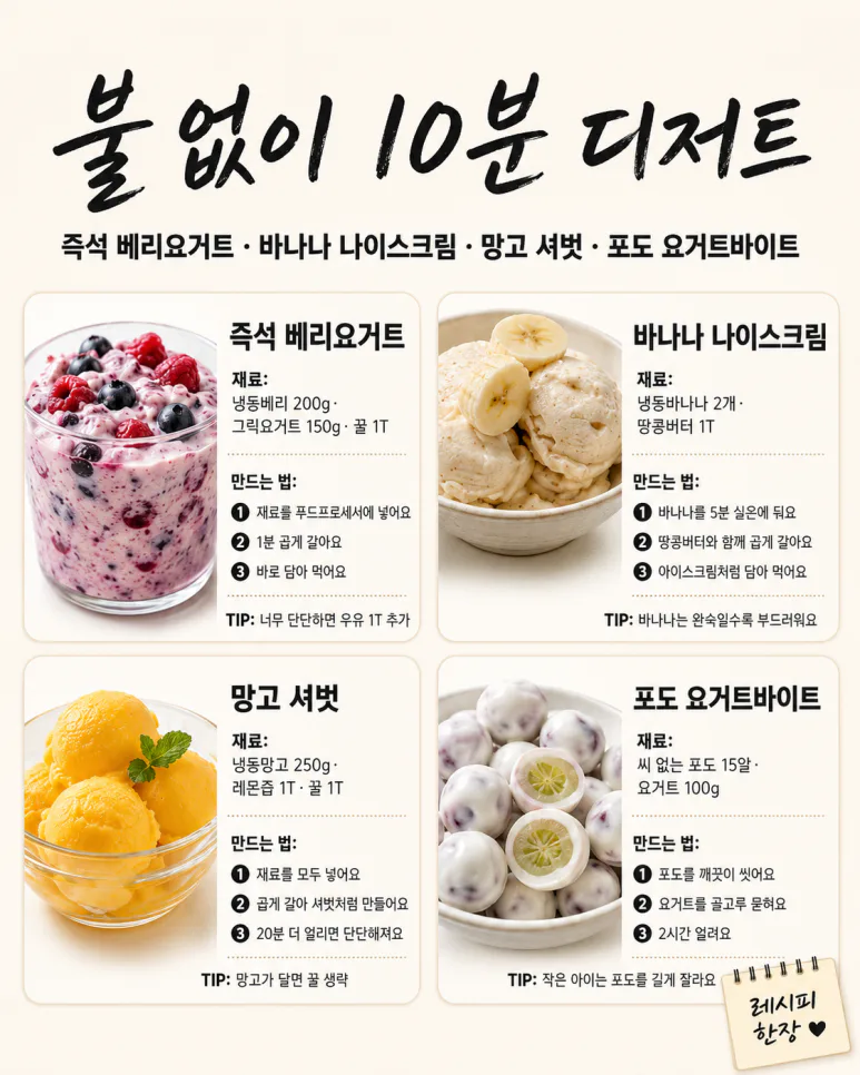 냉동 과일, 갈아만 먹으면 아쉬워요 — 불 없이 10분 디저트 10가지