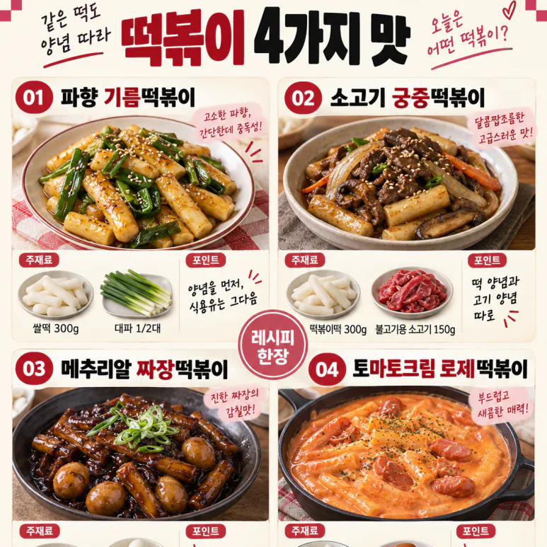 Weekend tteokbokki, what flavor today? Oil, royal, jajang, rose 4 flavors
