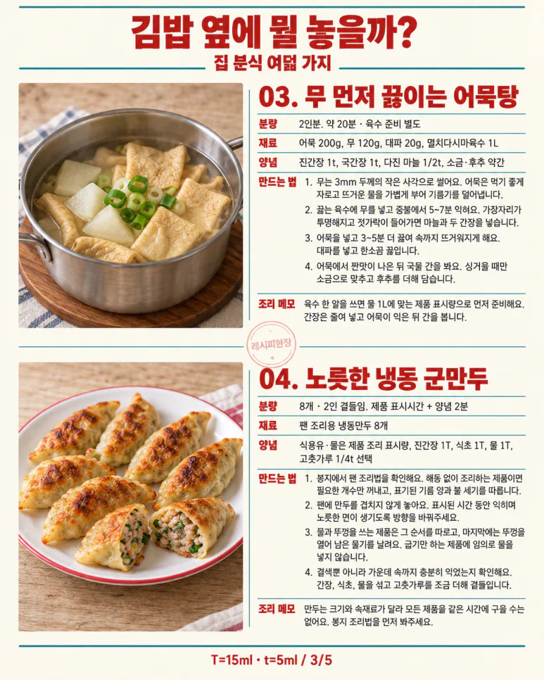Saturday lunch is home snacks — 8 items to choose from, including kimbap, jjolmyeon, and fish cake soup.