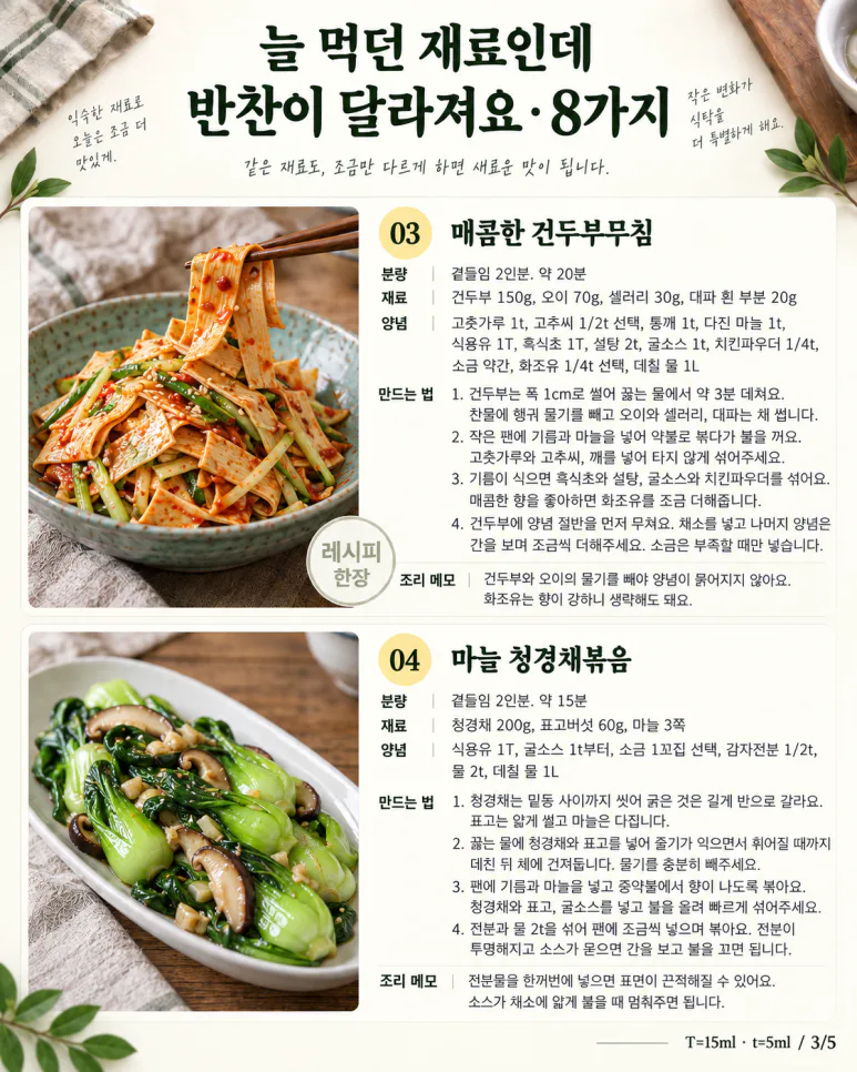 반찬통이 또 비었다면 — 감자·두부·채소로 다르게 만드는 반찬 8가지