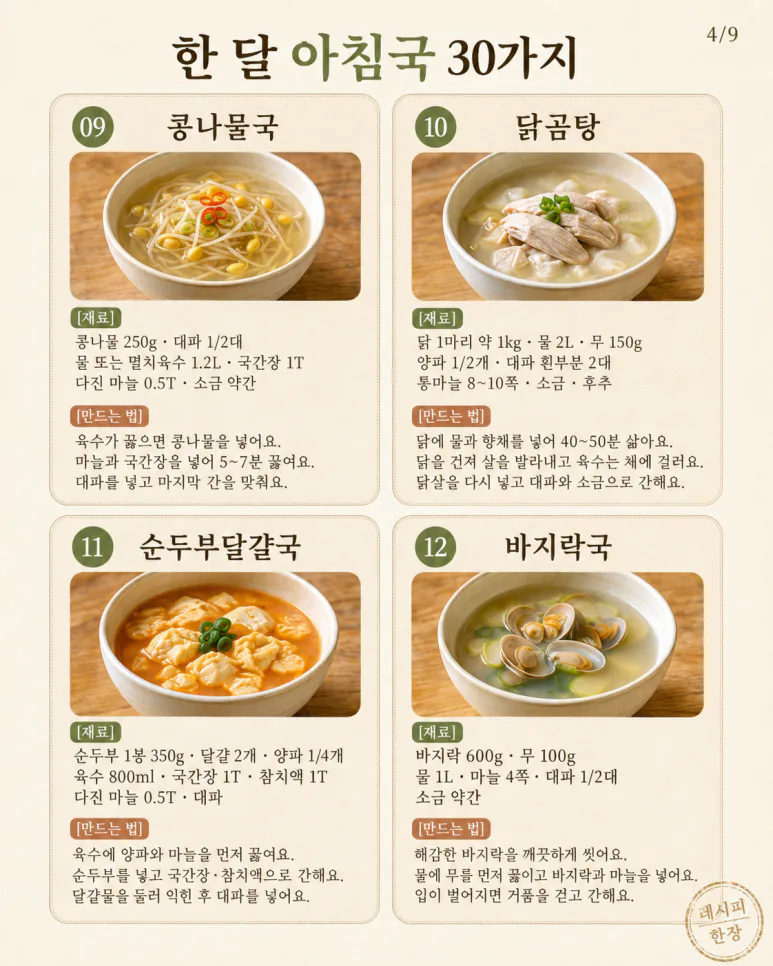 아침국 종류 30가지 — 매일 아침 국 고민, 한 달은 걱정 없어요