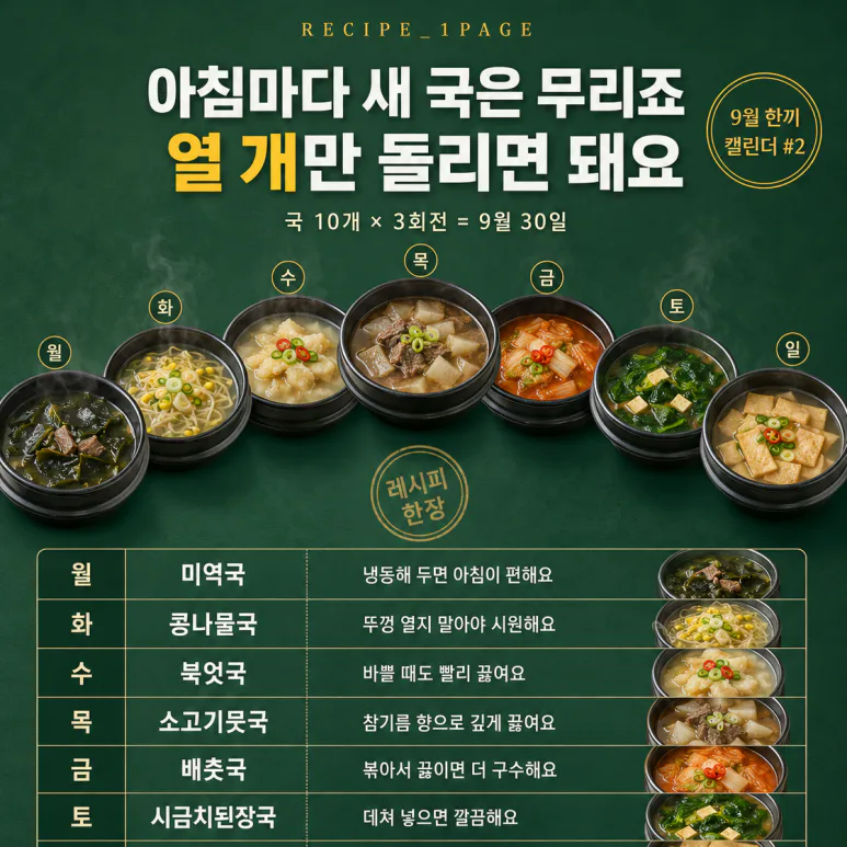 9월 아침은 국 하나면 — 국 10개로 돌리는 30일 아침 캘린더