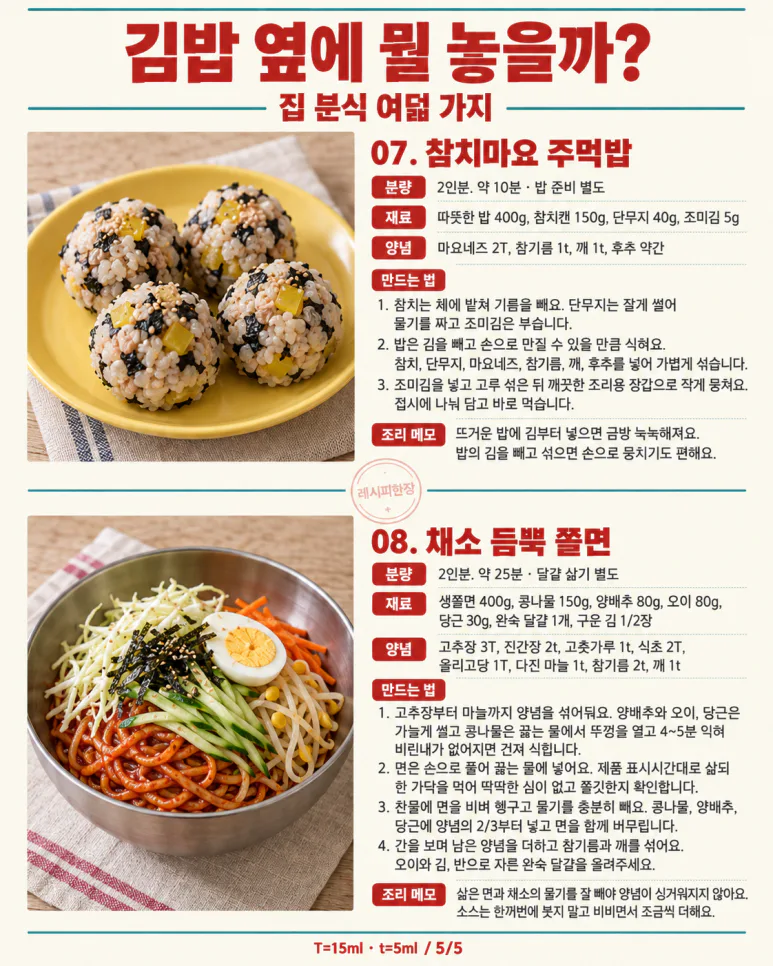 Saturday lunch is home snacks — 8 items to choose from, including kimbap, jjolmyeon, and fish cake soup.