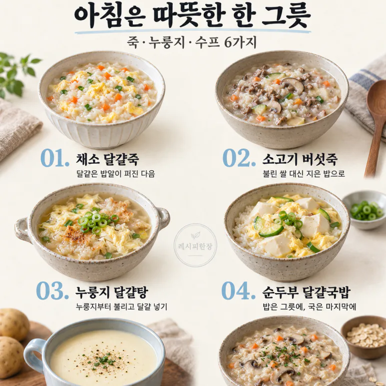 On Sunday morning, instead of a side dish container, one bowl — 6 types of rice porridge, soup, and rice soup.