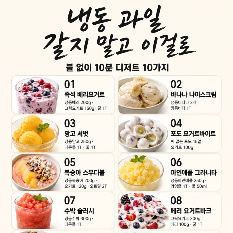 냉동 과일, 갈아만 먹으면 아쉬워요 — 불 없이 10분 디저트 10가지