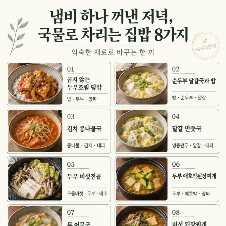8 platos de comida casera servidos con caldo en una olla al salir la noche, cuando se saca una olla