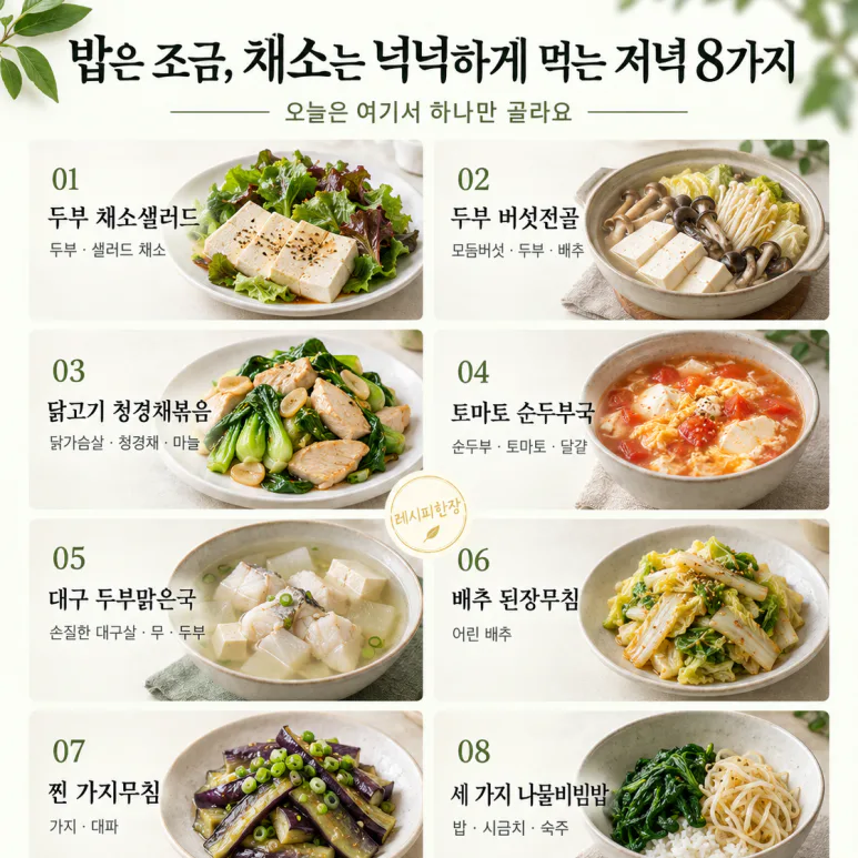 밥은 조금, 채소는 넉넉하게 먹는 저녁 8가지
