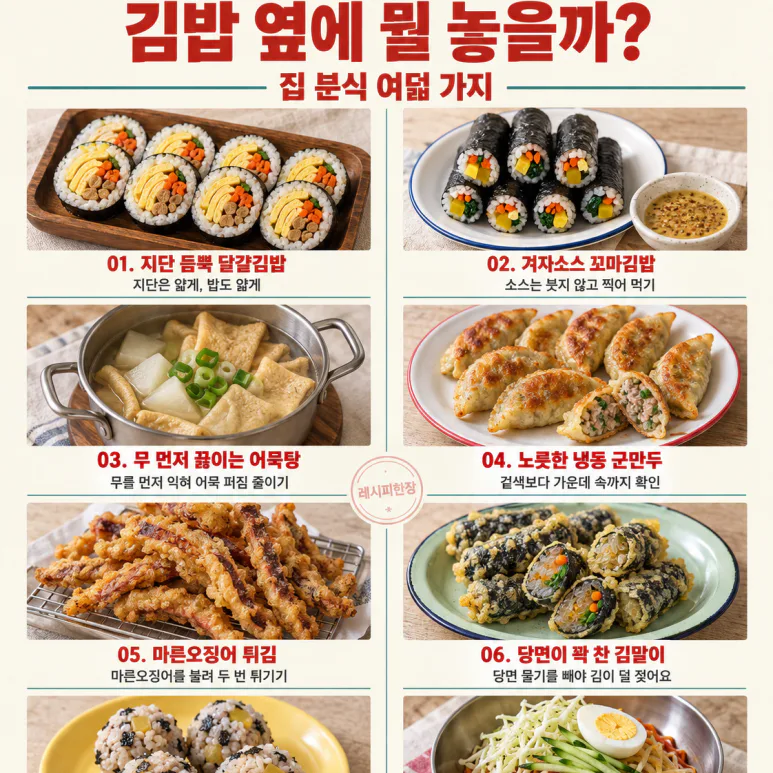 Saturday lunch is home snacks — 8 items to choose from, including kimbap, jjolmyeon, and fish cake soup.