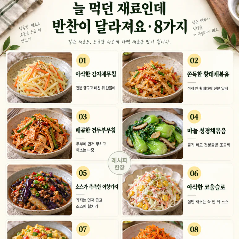 반찬통이 또 비었다면 — 감자·두부·채소로 다르게 만드는 반찬 8가지
