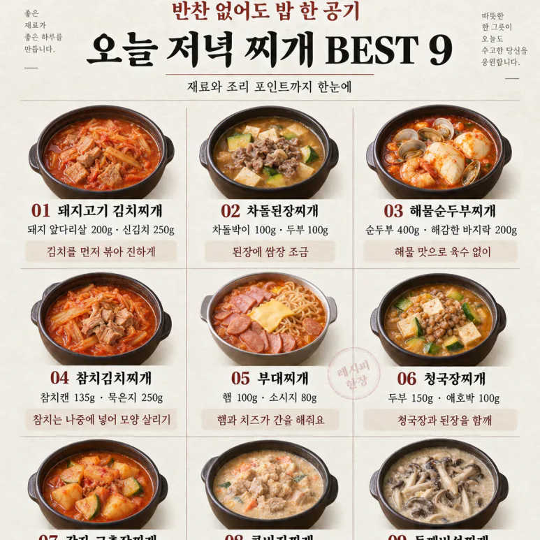 반찬 없어도 밥 한 공기 — 오늘 저녁 찌개 BEST 9